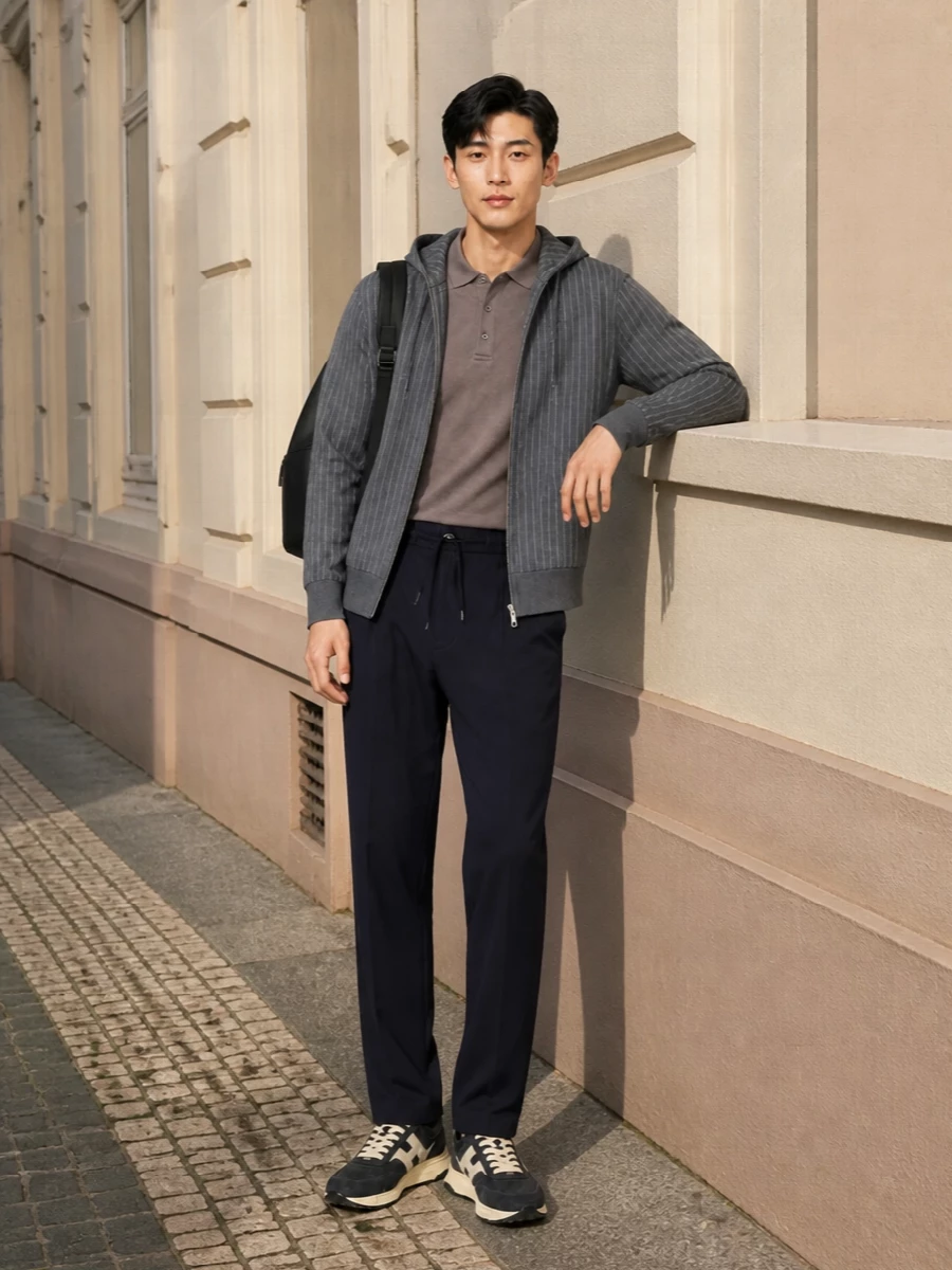 Herno pinstripe jacket navy trousers hogan sneakers