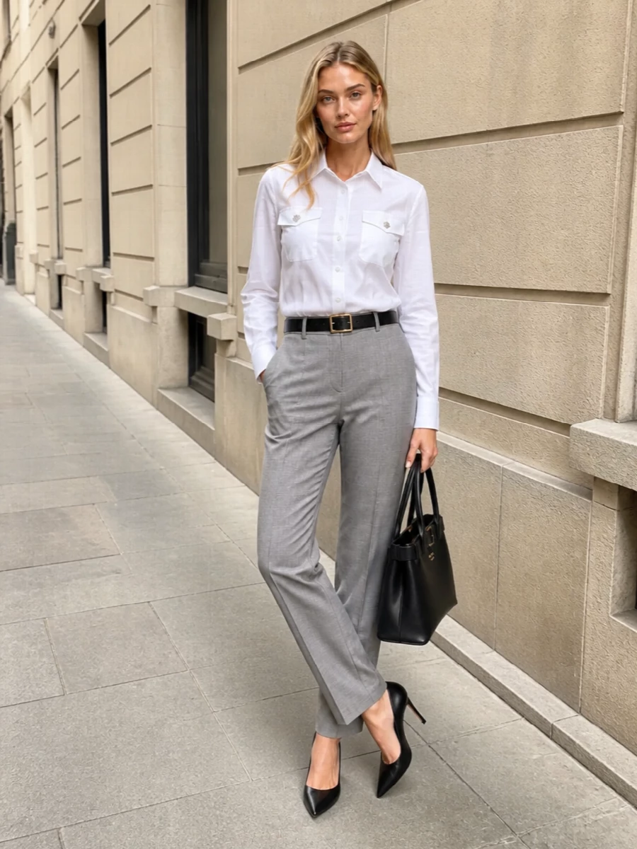 Tailored grey trousers white shirt office outfit