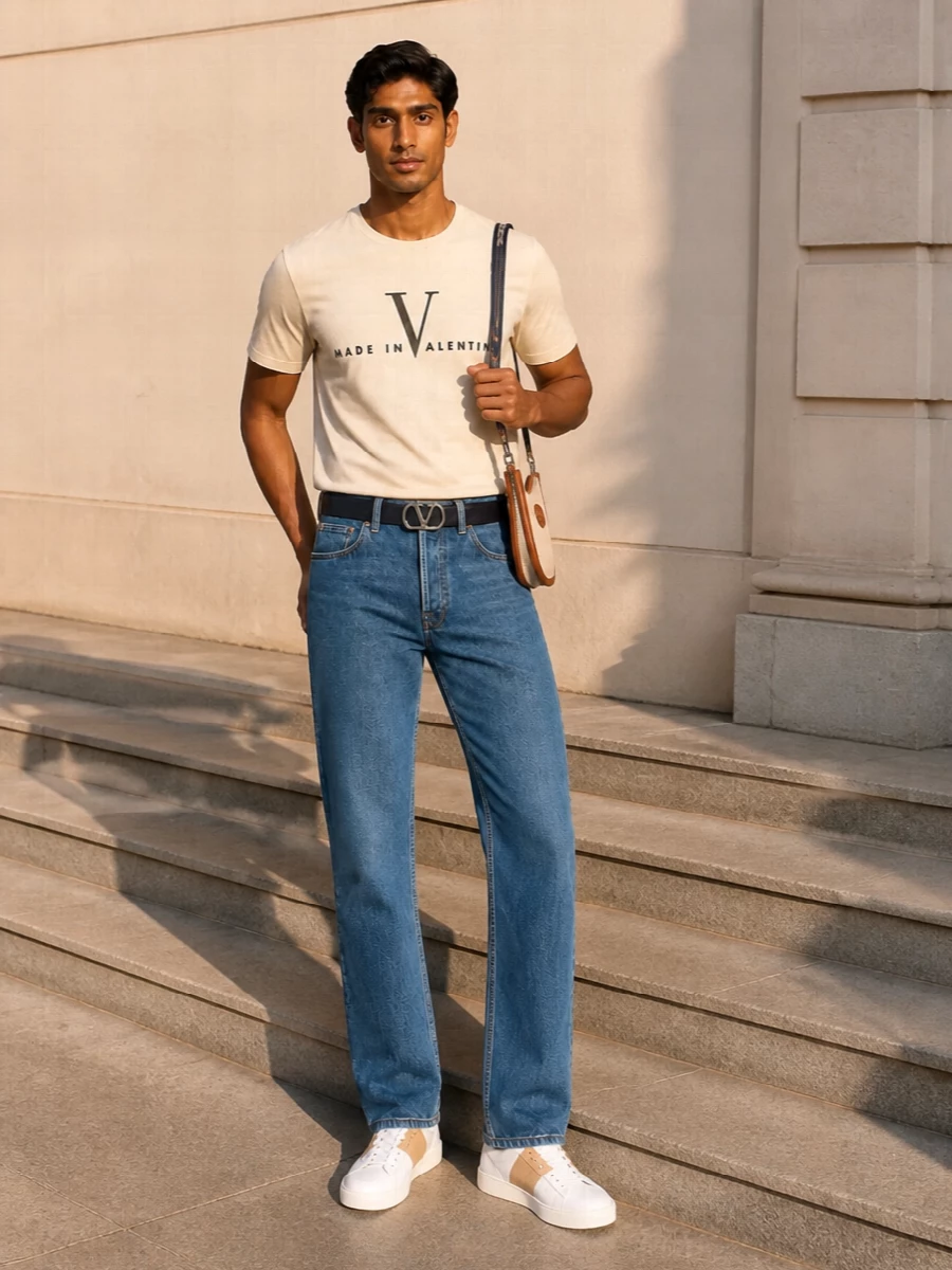 Valentino jeans beige logo tee white sneakers