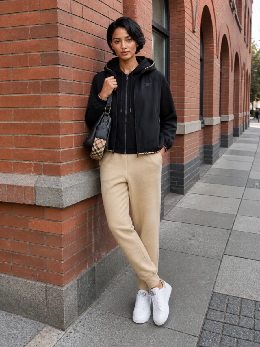 Burberry parka beige joggers white sneakers