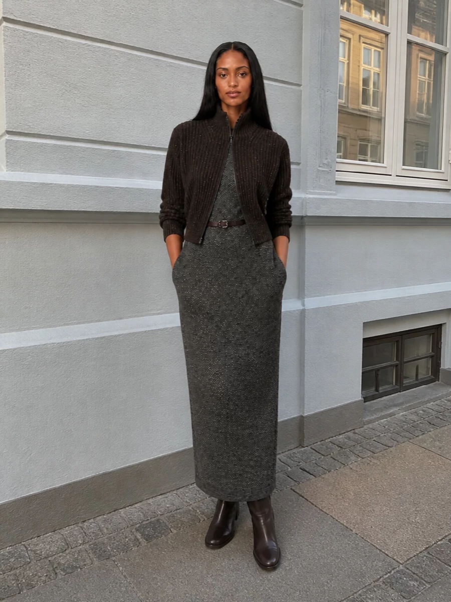 Brunello cucinelli charcoal knit dress brown boots