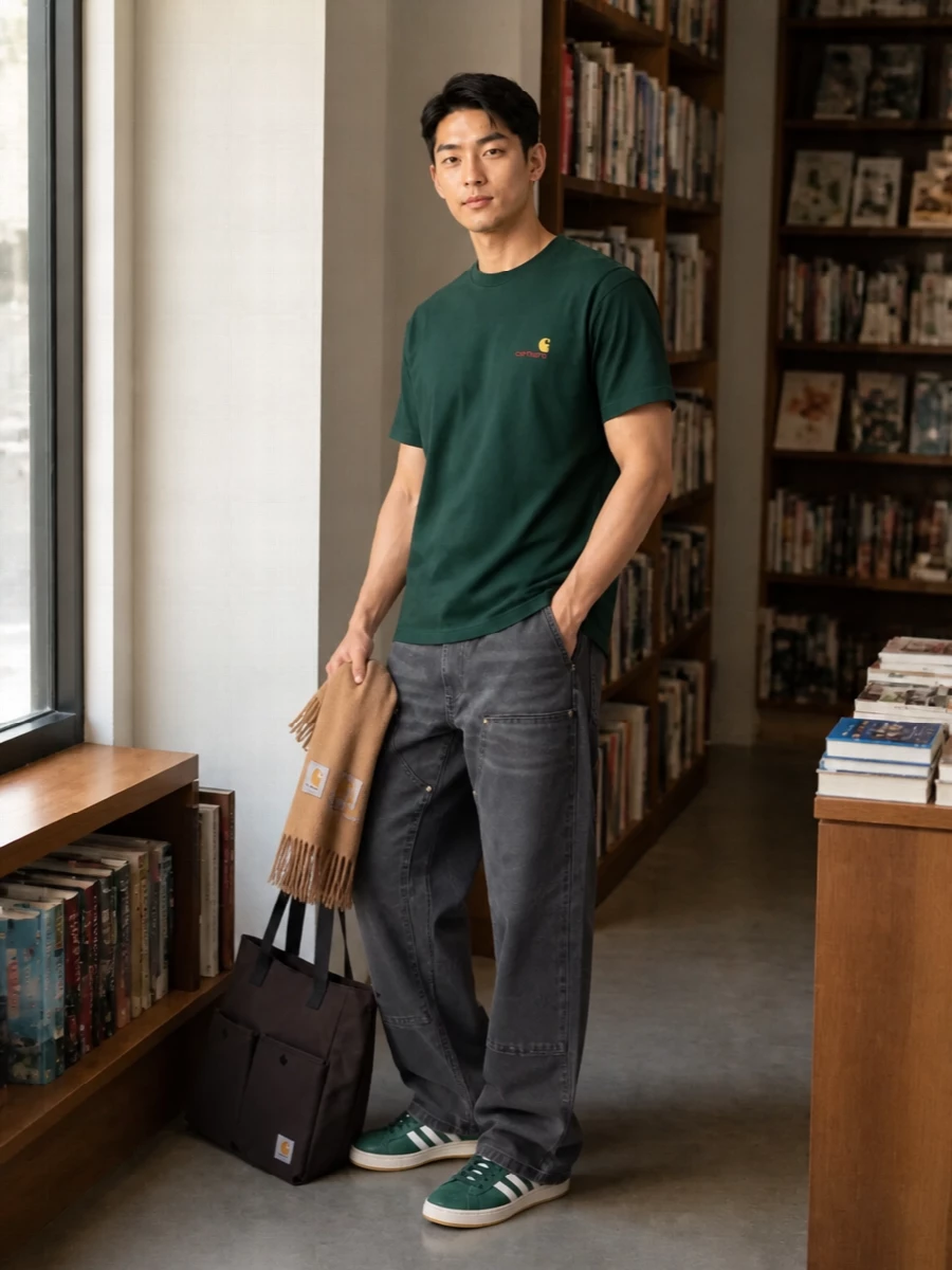 Deep forest, charcoal and camel keep this Carhartt WIP pairing grounded and tight, with work pants and a retro sneaker giving it a relaxed street angle. The loose straight leg and regular tee balance each other, so the colour story and textures can do the work. The tote and scarf lean into that practical, utility mood while still feeling considered for city days.