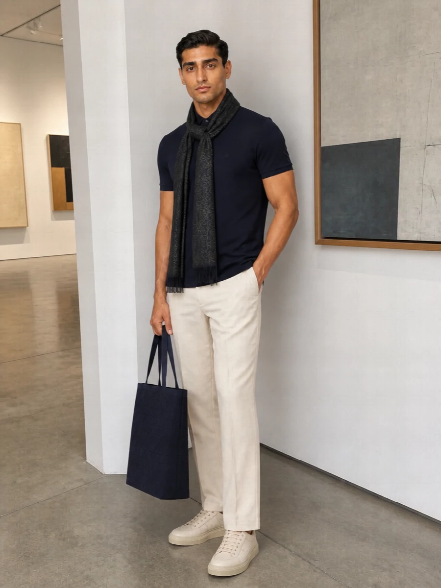 Etro navy polo cream trousers sneakers