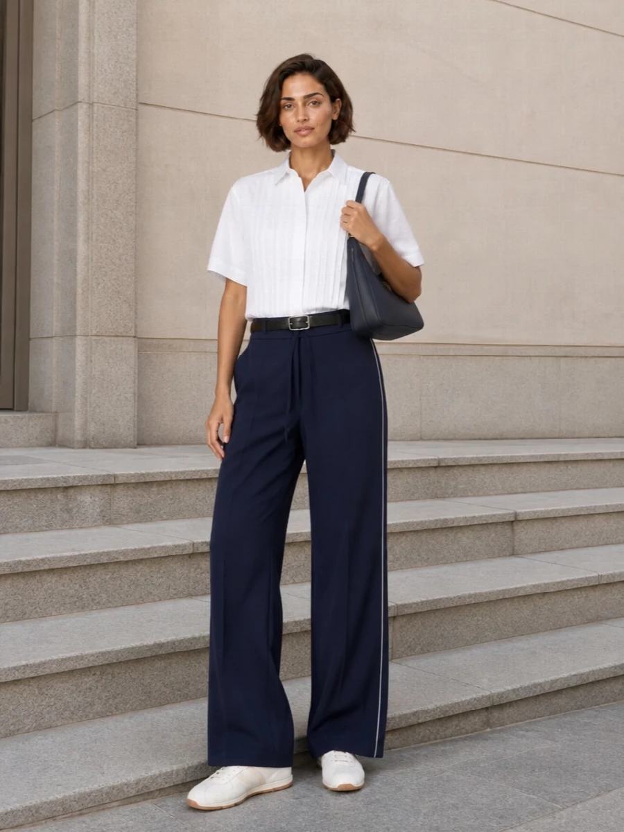 Parosh navy track pants white shirt sneakers
