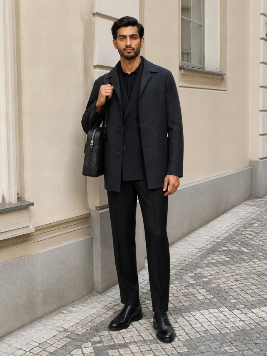 Soft-shouldered Italian tailoring meets precise city uniform here, with deep navy and charcoal sitting in quiet conversation rather than contrast. The double-breasted jacket under the Zegna chore coat keeps the line tailored but relaxed, anchored by clean black trousers, low-profile derbies and a structured brief for a boardroom-to-dinner kind of day.