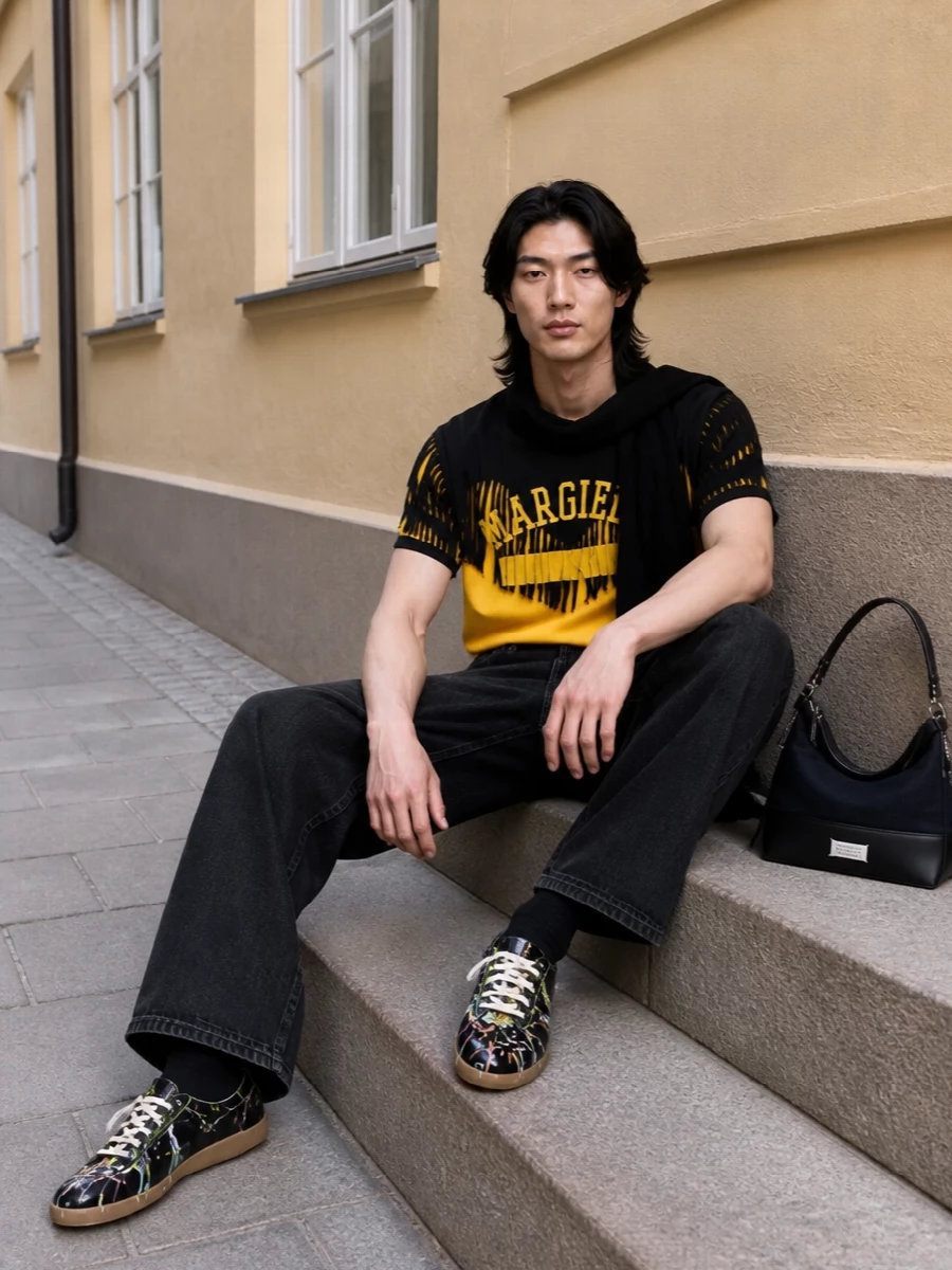 Maison margiela yellow tee black wide leg jeans