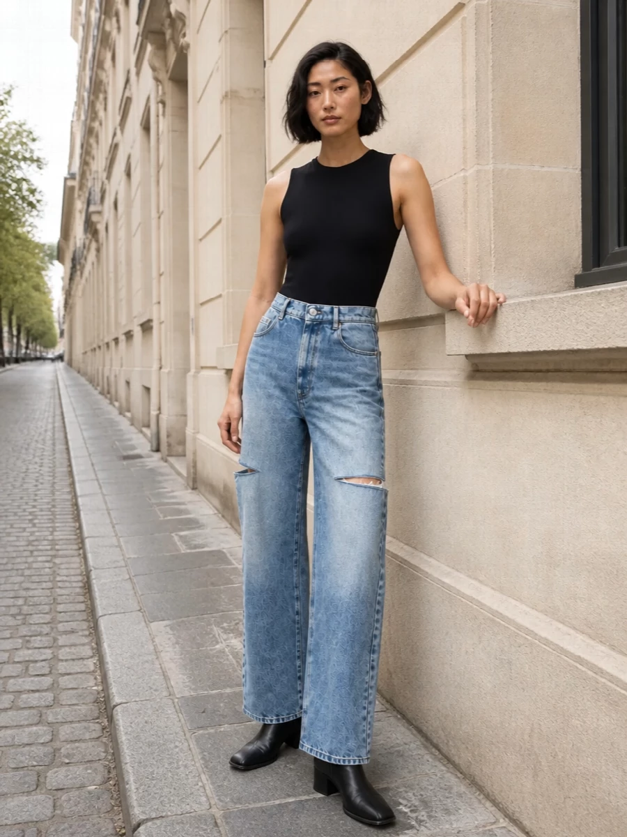 Maison Margiela’s slashed wide-leg denim is grounded with a razor-clean black bodysuit to keep the proportions sharp and minimal. Sleek black ankle boots elongate the leg and add weight at the floor, while the padded hobo brings a softer Margiela note that still sits firmly in the same understated, directional universe. The result is a modern, street-leaning uniform that feels intentional rather than busy, all in a tight black and faded blue palette.