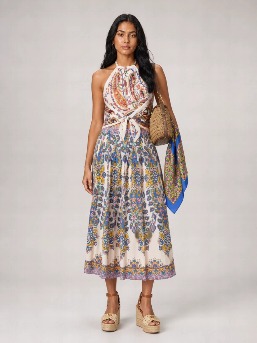 Etro Cotton Paisley Print High-Rise Pleated Midi Skirt