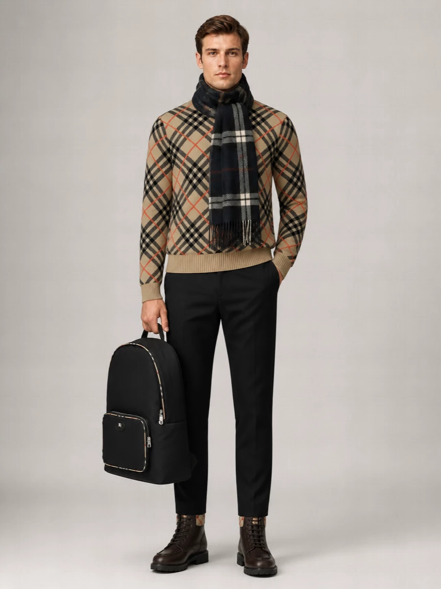 Burberry Check Pattern Crew Neck Sweater