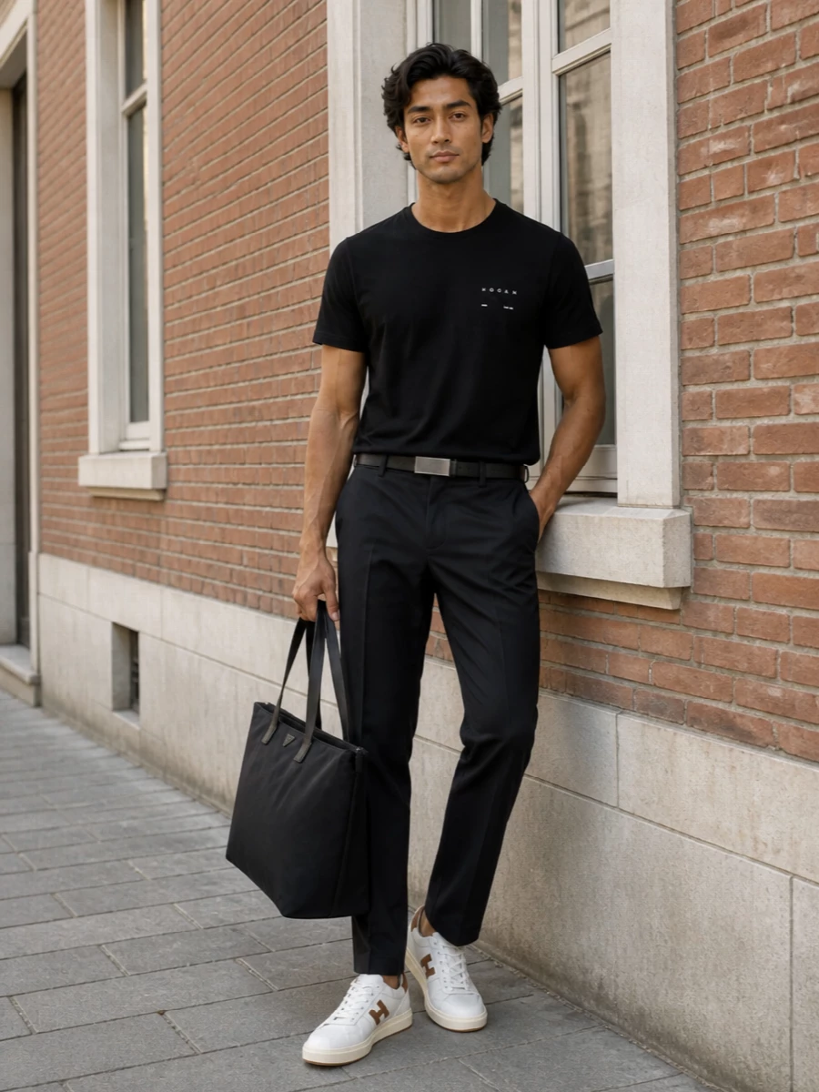 Hogan black tee herno joggers white sneakers
