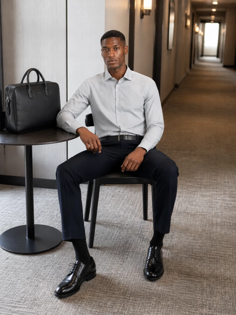 Zegna striped shirt navy trousers black derby