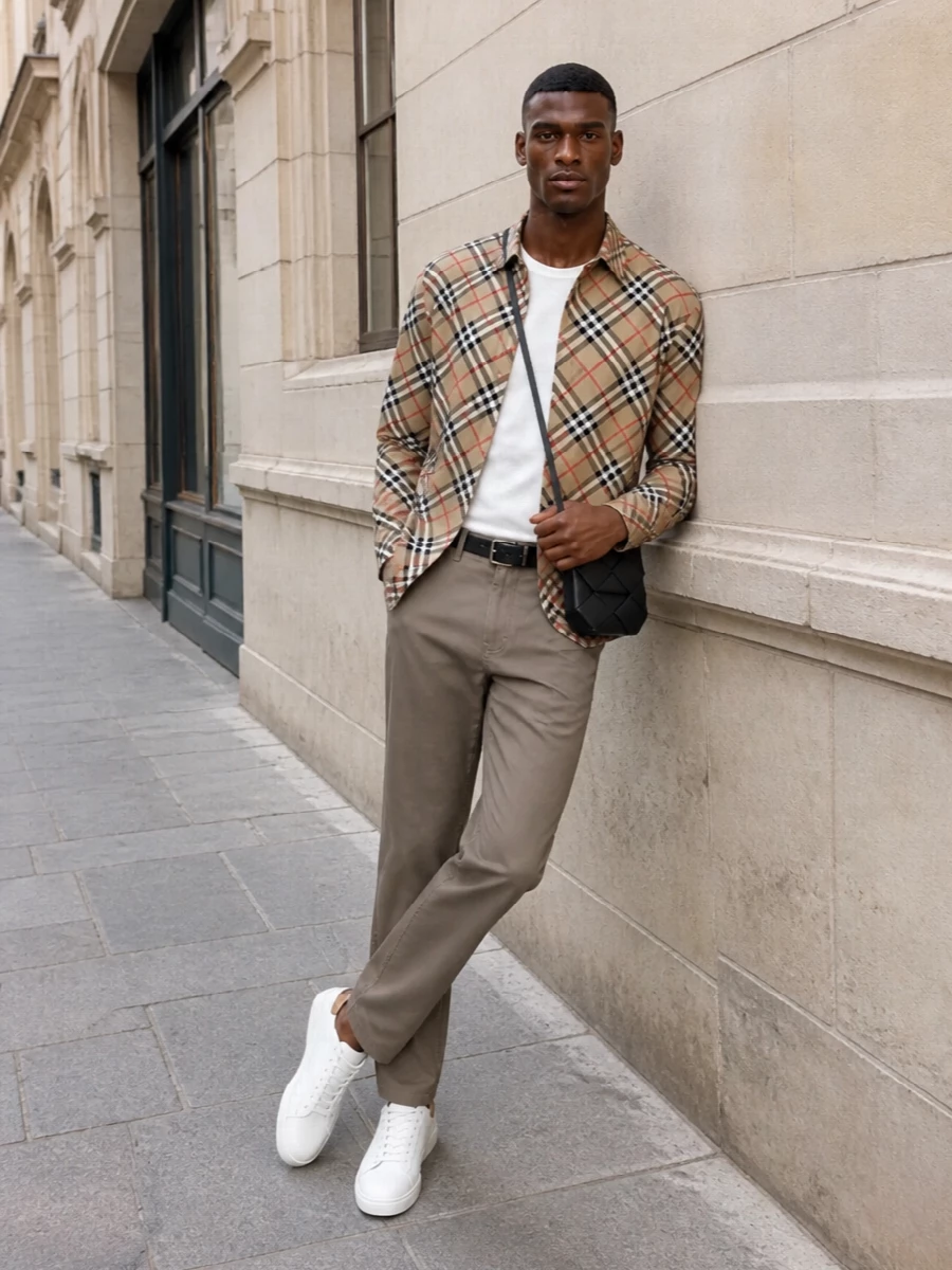 Burberry check shirt taupe chinos outfit