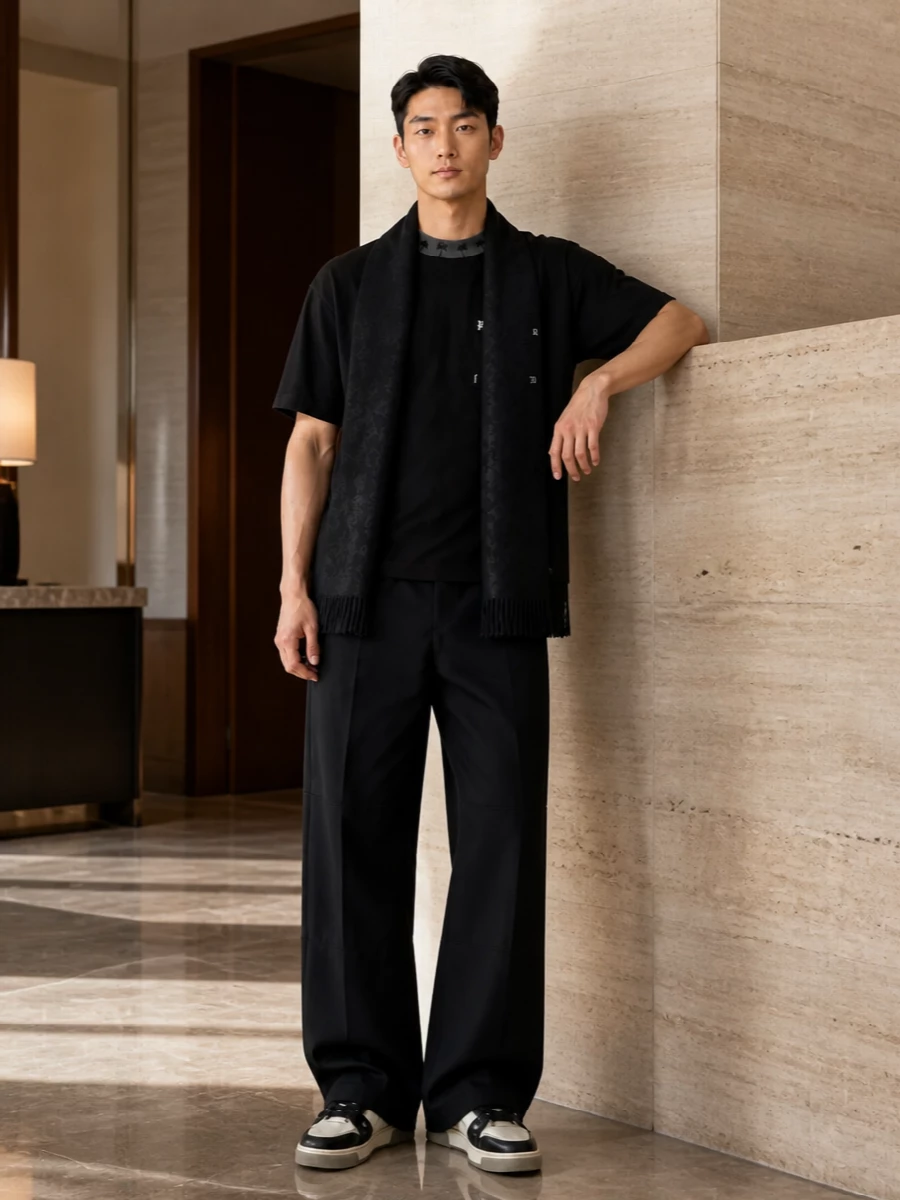 Palm angels black tee wide leg trousers outfit