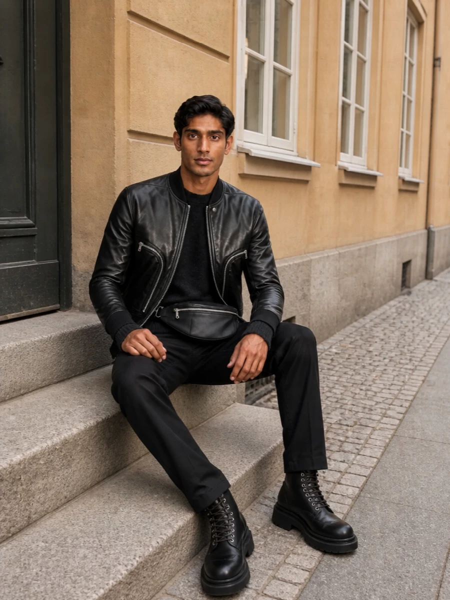 Rick owens leather bomber combat boot outfit