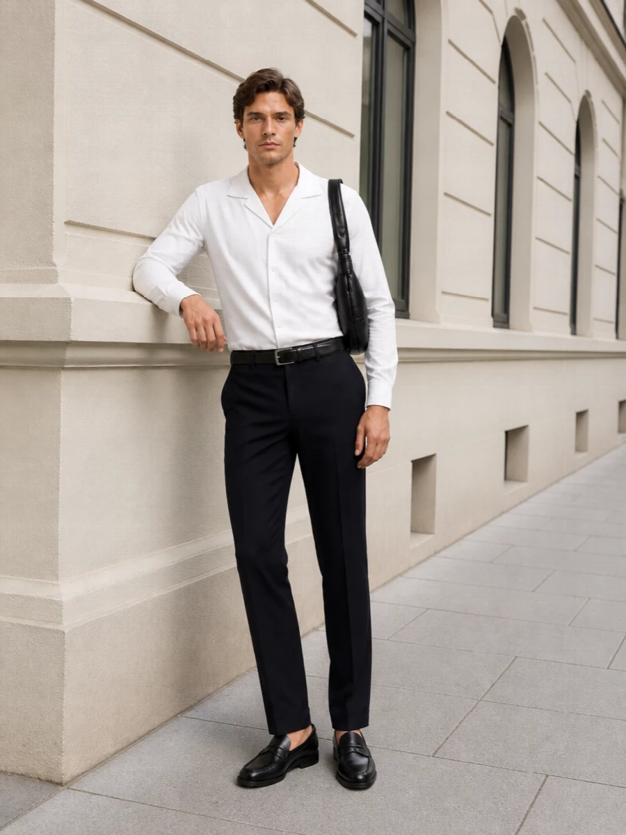 Lardini white shirt navy trousers tods loafers
