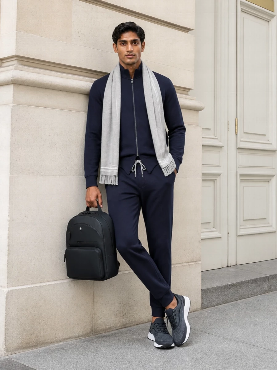 Brunello cucinelli navy joggers knit sneakers outfit