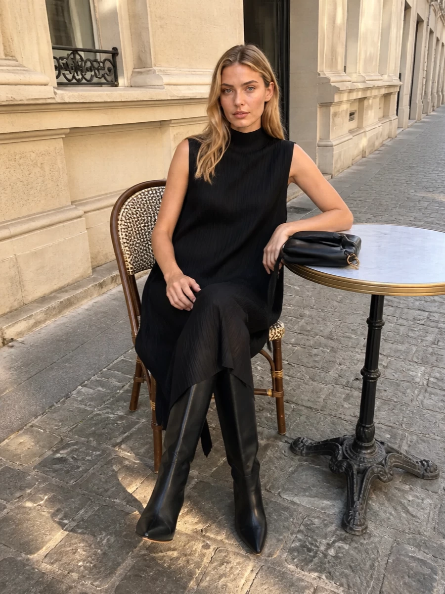 Here the Pleats Please dress is the anchor, so the cape reads as part of a single sculptural column rather than traditional outerwear over separates. The result is a tonal black, pleated ensemble with precise knee-high boots and a small clutch that feels gallery-ready and cocktail-appropriate without a single hard edge. Everything works in vertical lines and soft volume, so the silhouette is long, calm, and quietly dramatic when you move.