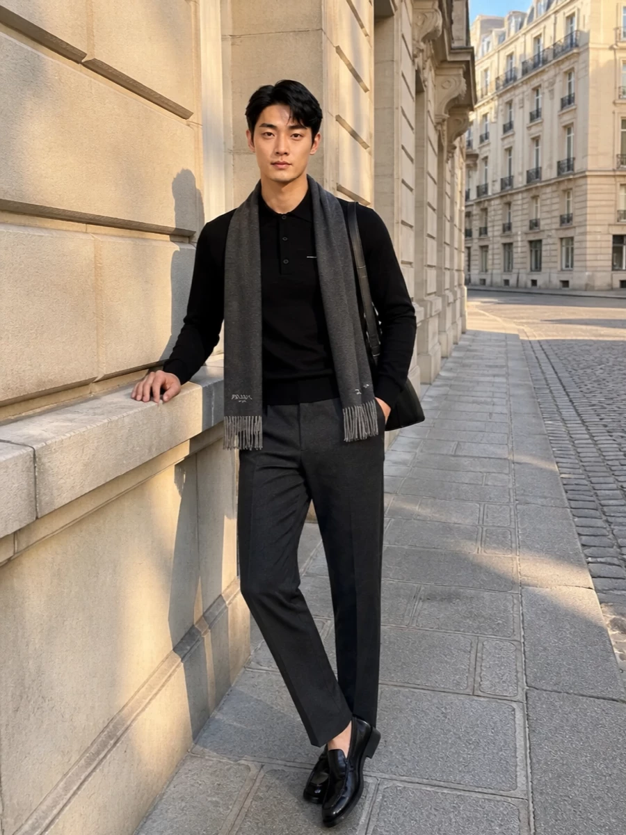 Prada black knit polo charcoal trousers outfit