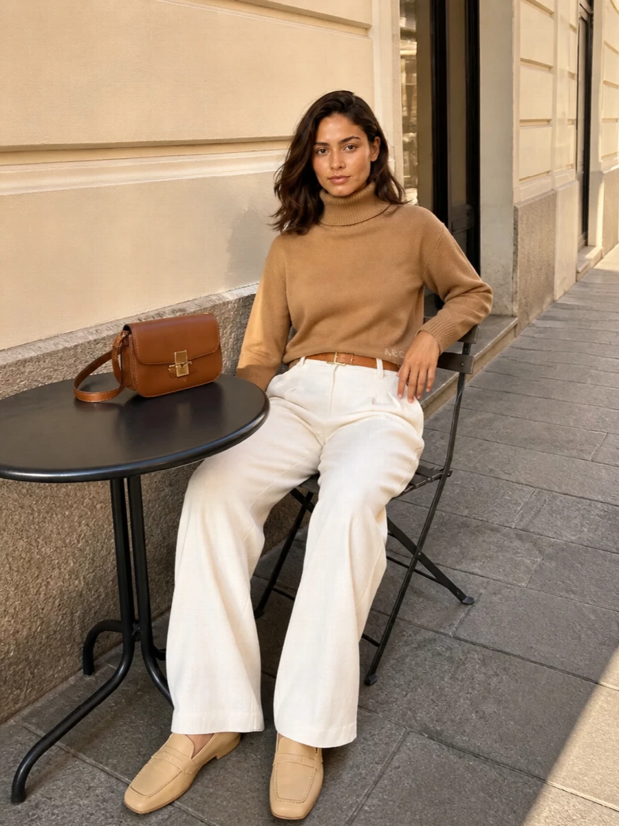 A camel turtleneck tucked into off-white pleated wide-leg trousers creates a calm, tonal column that feels considered without leaning formal. Butter-beige loafers and a cognac shoulder bag keep the mood soft but precise, while a slim camel belt quietly sharpens the high waist. It is an easy city uniform that reads polished from morning to late dinner.