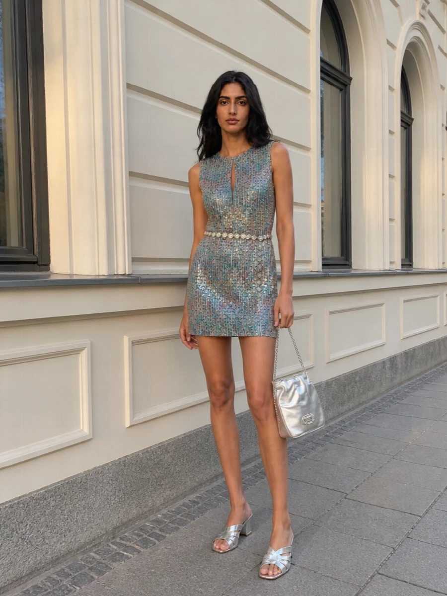 A sequinned Missoni mini gets the full disco treatment with mirrored silver mules and a crystal-detailed metallic bucket, keeping the energy high and the palette tightly controlled. The chain belt skims the hips just enough to suggest shape without breaking the clean shift line, so the dress stays the star of the night. Think modern party dressing that feels graphic, sparkling and completely unapologetic.