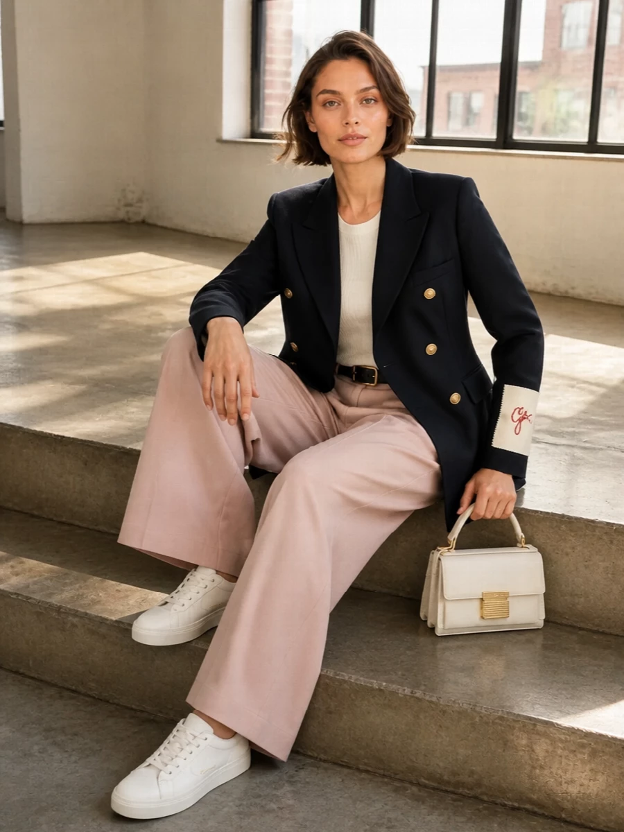 Golden goose navy blazer blush wide leg trousers