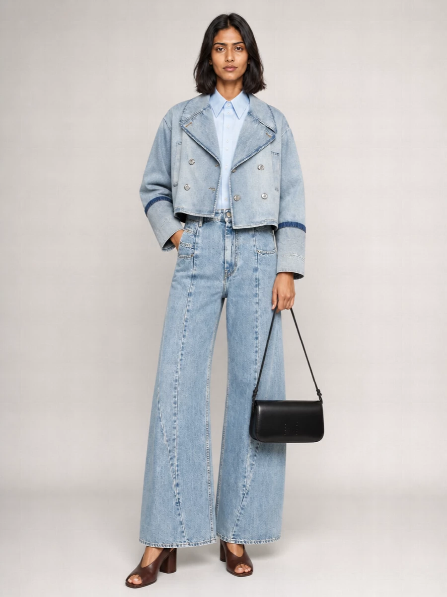 Mm6 Maison Margiela Denim Paneled Double-Breasted Cropped Jacket
