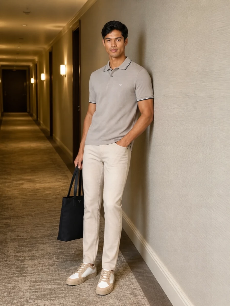 Light beige tailoring-inspired denim pairs with a taupe knit-style polo for a calm, tonal take on smart casual. Sand-accented sneakers keep the palette soft and cohesive, while a navy tote adds quiet contrast and practicality for city days or relaxed dinners.