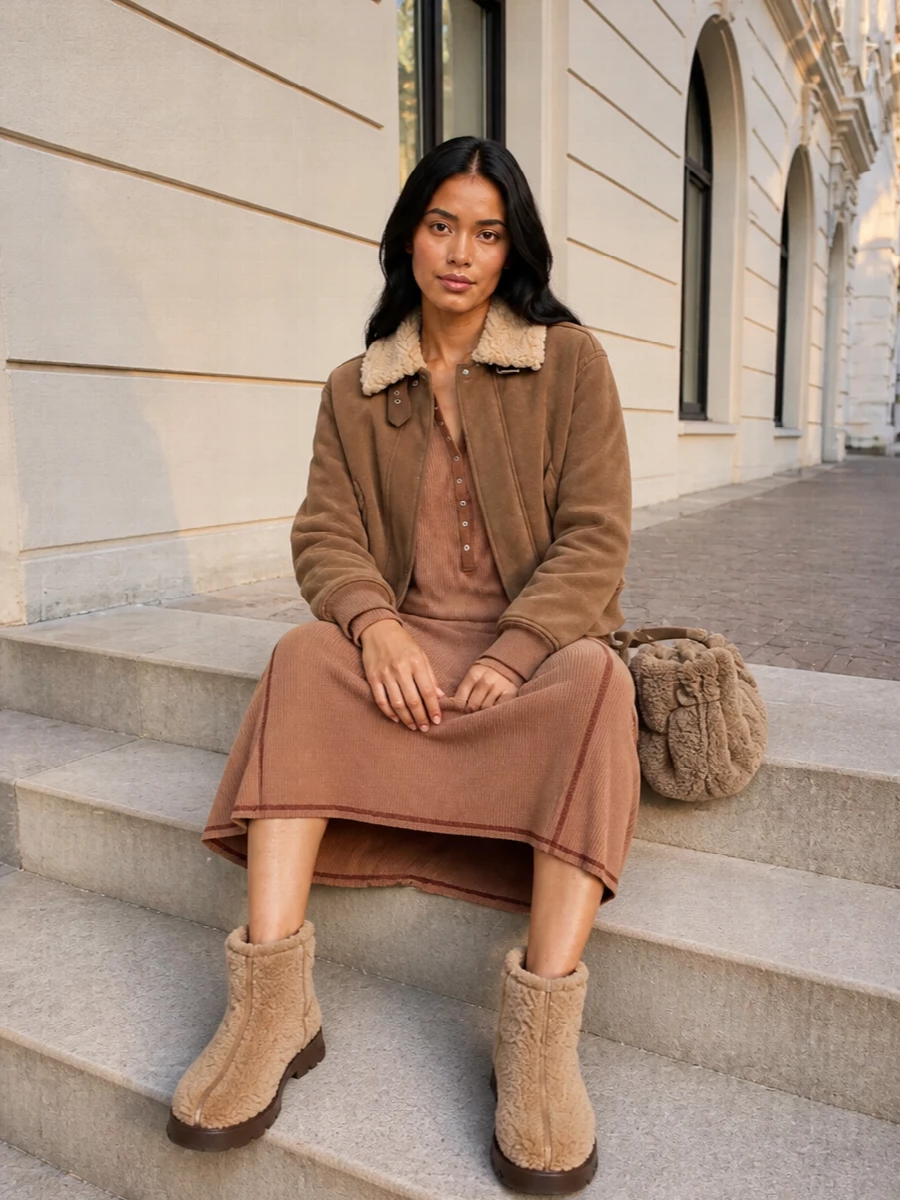 Diesel camel knit dress shearling bomber outfit