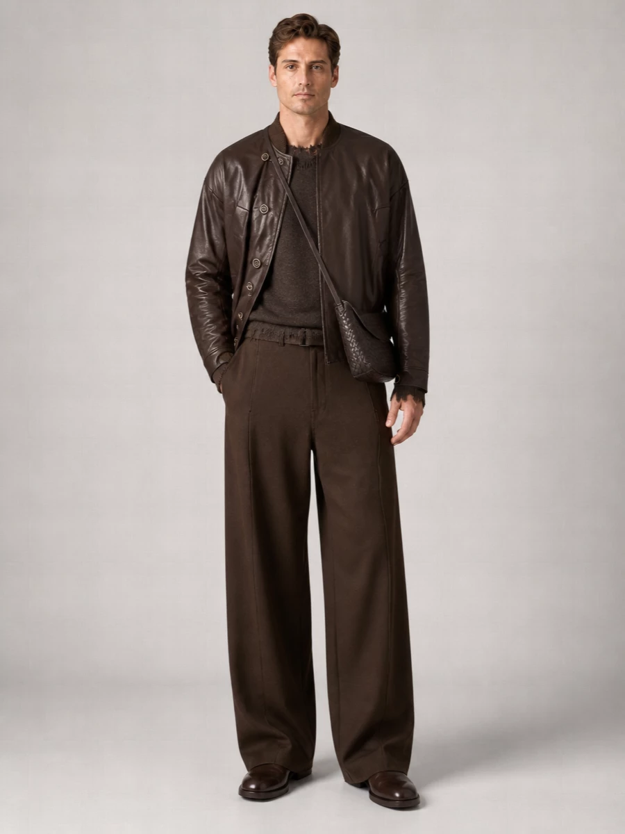 Uma Wang Leather Ribbed-Collar Off-Center Jacket