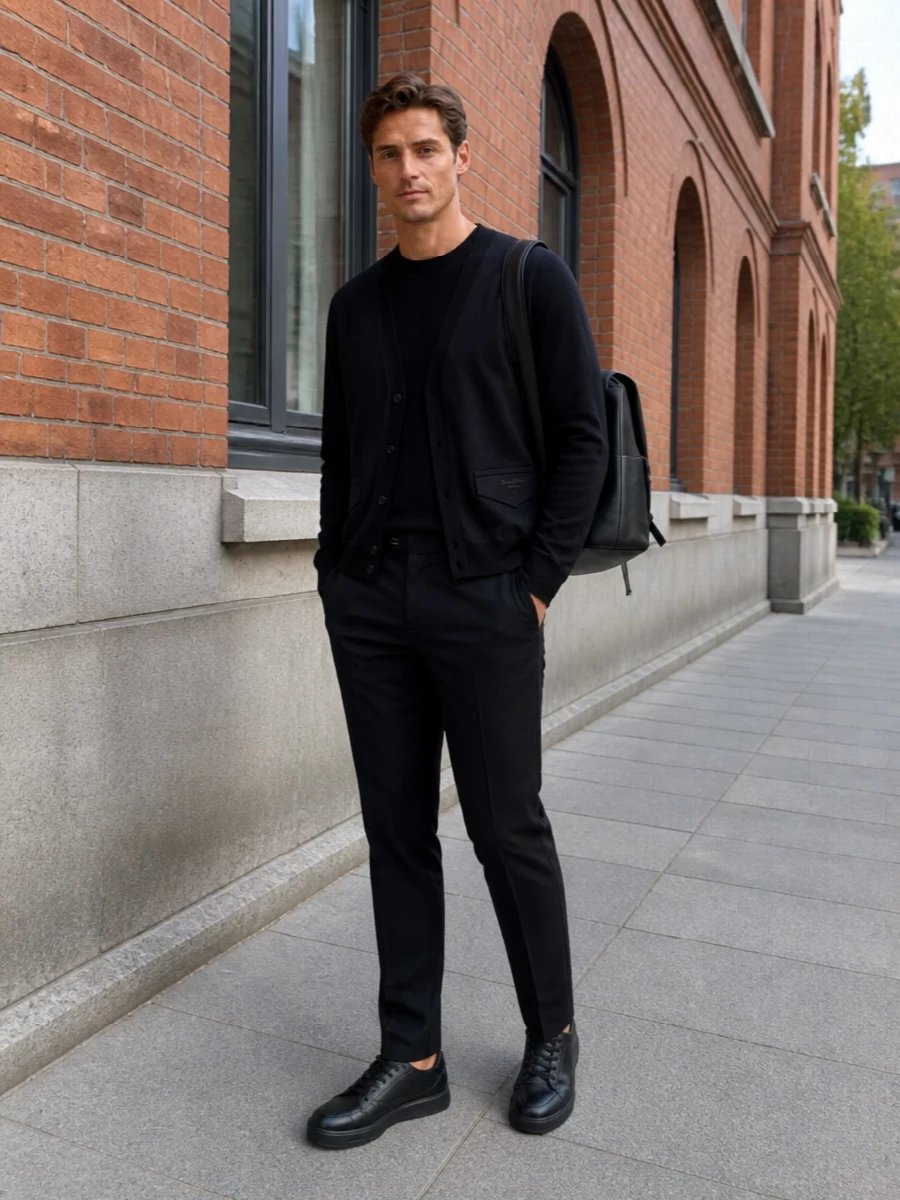 Givenchy black cardigan tailored trousers outfit