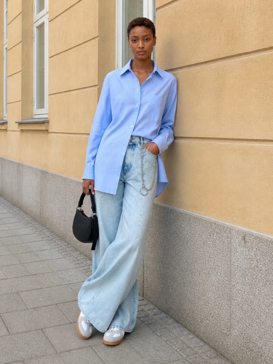 Margiela wide leg jeans blue shirt sneakers