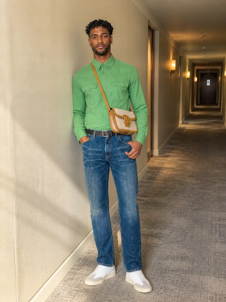 Versace green shirt jeans white sneakers outfit