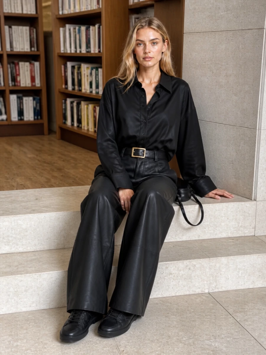 Prada loewe black wide leg trouser outfit
