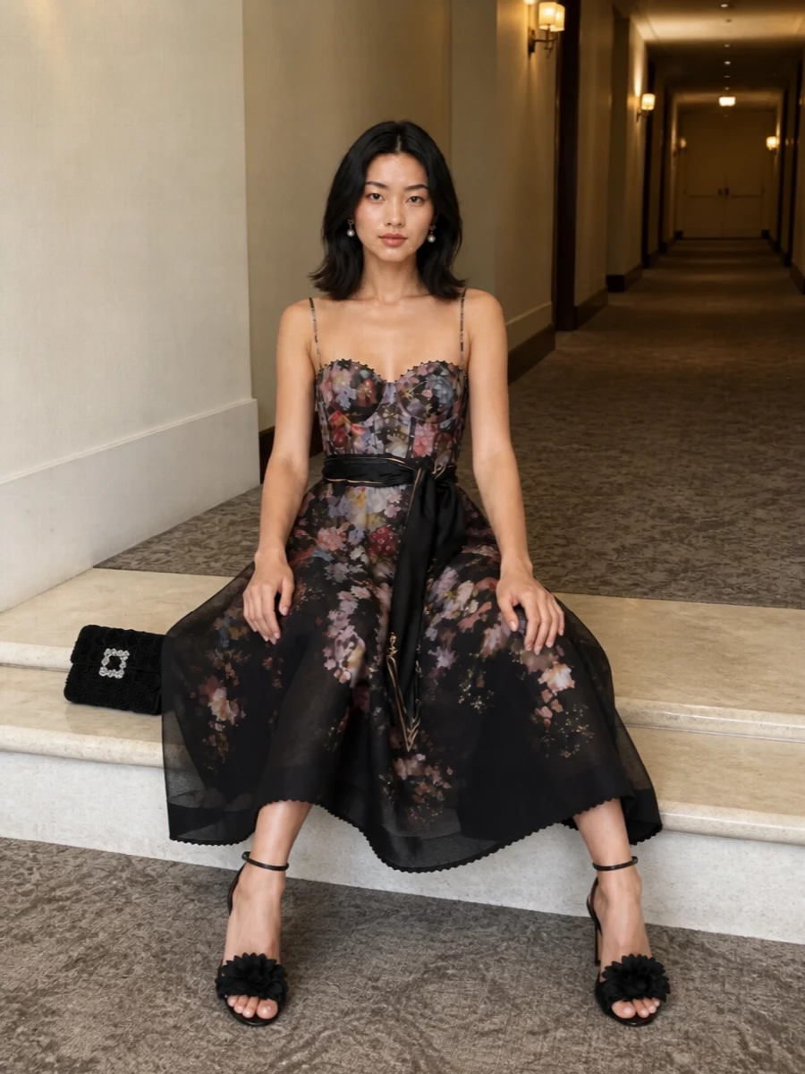Zimmermann floral midi dress black evening accessories