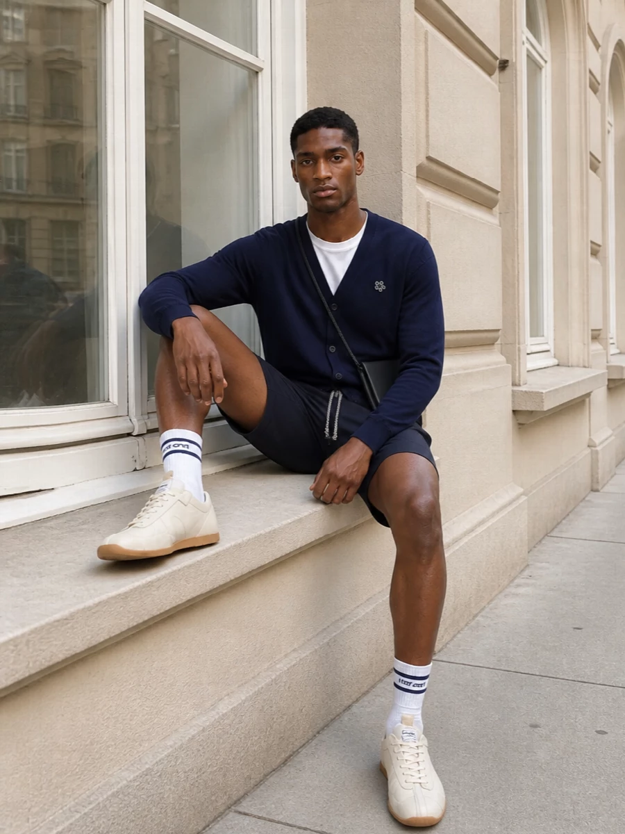 Kenzo cardigan navy shorts cream sneakers