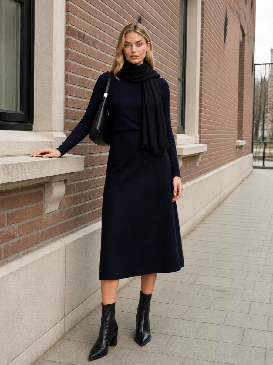 Jil sander navy sweater midi skirt outfit