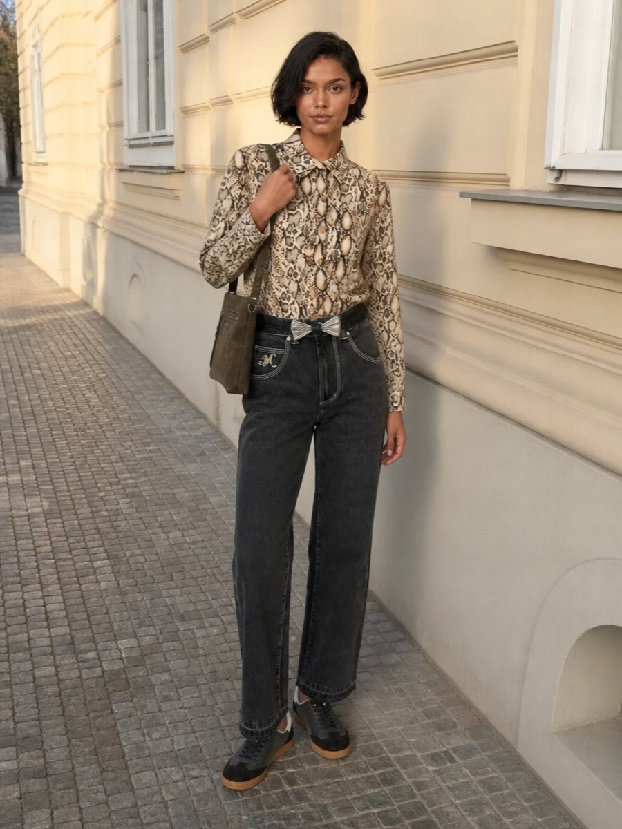 Isabel marant snake shirt charcoal jeans outfit