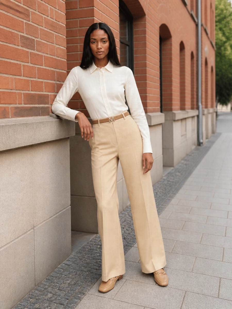 A warm-neutral column of high-waisted wide-leg trousers and a precise ivory shirt creates a quiet, elongated silhouette that works as hard in boardrooms as it does at dinner. Camel leather accessories keep every line clean and intentional, reinforcing the minimalist, grown-up sensibility without a single harsh contrast.