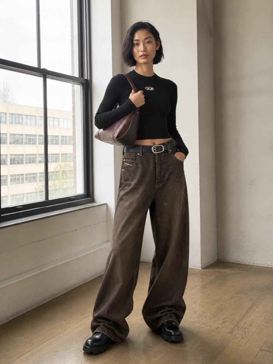 Diesel wide leg brown jeans black crop outfit