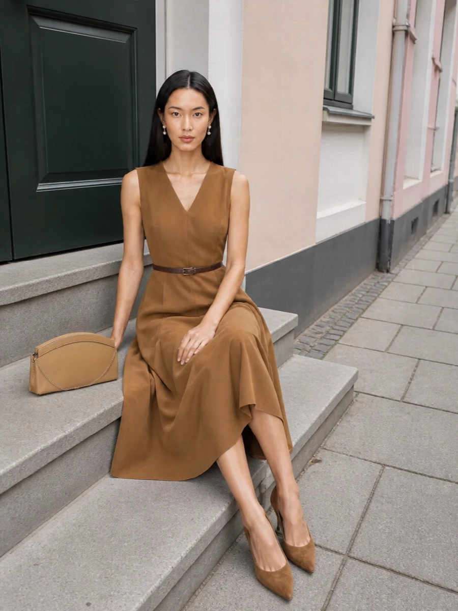 S max mara camel midi dress gianvito rossi pumps