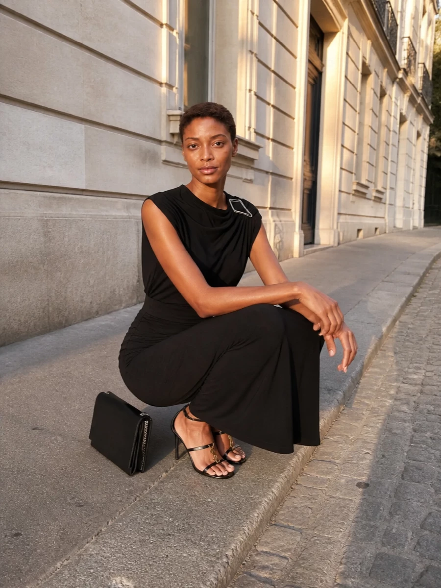 A pure black column, sharpened by a pleated cummerbund belt and graphic strappy heels, lets the dress’s sculpted shoulder do the talking. Metallic touches stay precise and minimal, so the line reads long, polished and quietly dramatic. Carry the structured clutch in hand to keep everything clean and tuxedo-influenced rather than overtly decorative.