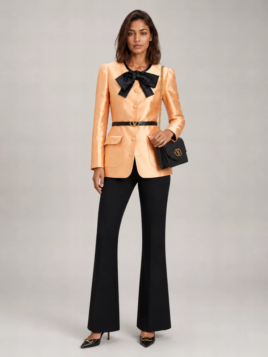 Peach satin and sharp black tailoring come together in a cocktail-ready pairing that feels feminine yet assured. The longline jacket reads almost like couture eveningwear against the clean black flare, while pointed slingbacks and a structured black shoulder bag trace a precise gold thread through the styling. It is a refined way to wear color for formal dinners or gallery evenings without sacrificing modern polish.