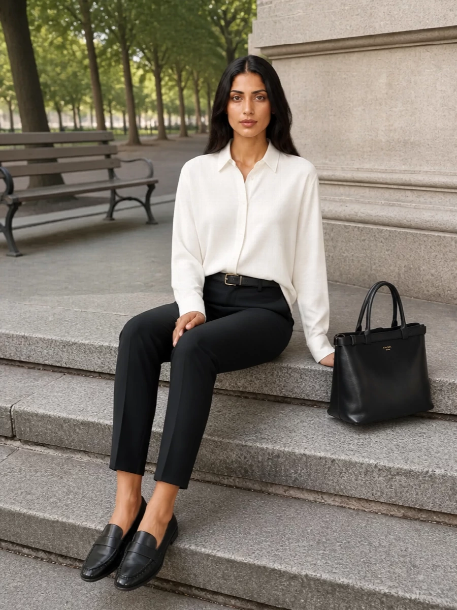The row black trousers ivory shirt prada bag