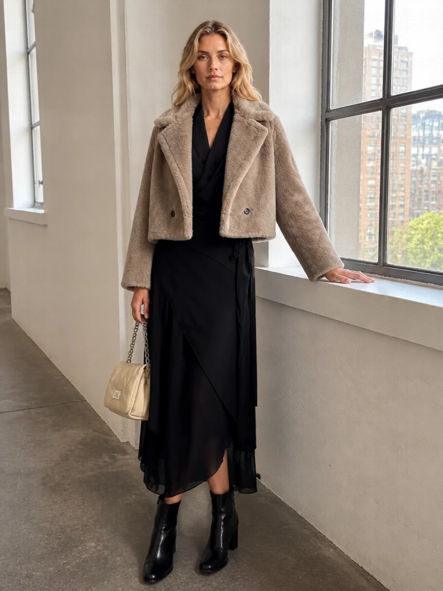 I styled the faux-shearling jacket over the Margiela black wrap midi dress rather than separates, so the cropped, plush volume plays against a long, fluid line for clean evening polish. Sculpted black ankle boots keep the silhouette modern and intentional, while the buttercream padded shoulder bag lightens the palette just enough without breaking the minimalist mood. The result is a quietly dramatic, city-ready ensemble that feels luxurious yet restrained.