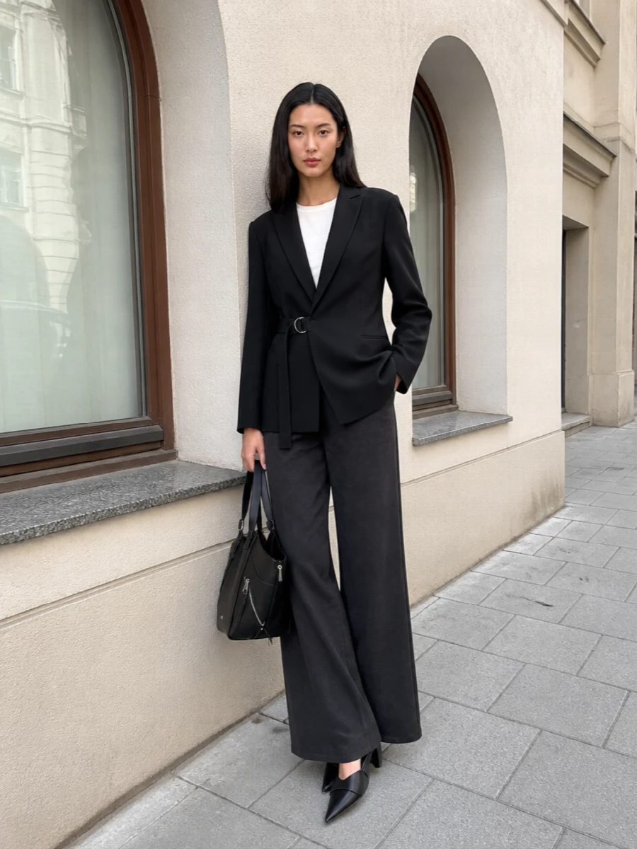 Loewe black blazer wide leg trousers outfit