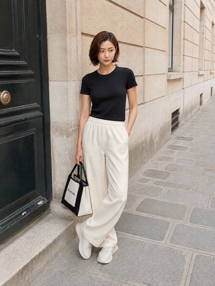 A black Moncler tee is lifted into a refined off-duty set with buttercream wide-leg trousers that introduce light, airy movement and a soft neutral contrast. Cream-toned runners keep the look sportif yet polished, while a structured off-white-and-black tote sharpens the monochrome story into something distinctly modern and quietly luxurious for city days or travel.
