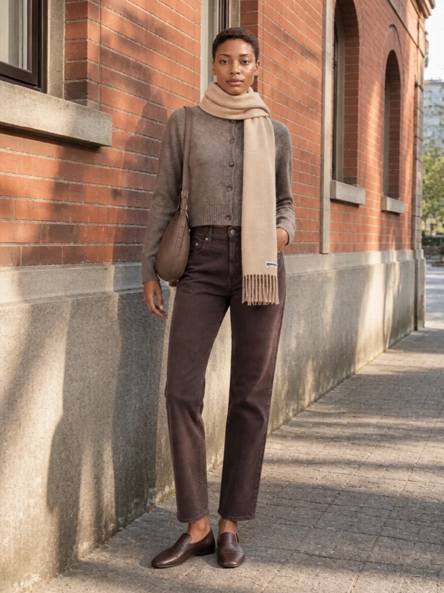 Loulou studio taupe cardigan chocolate jeans outfit