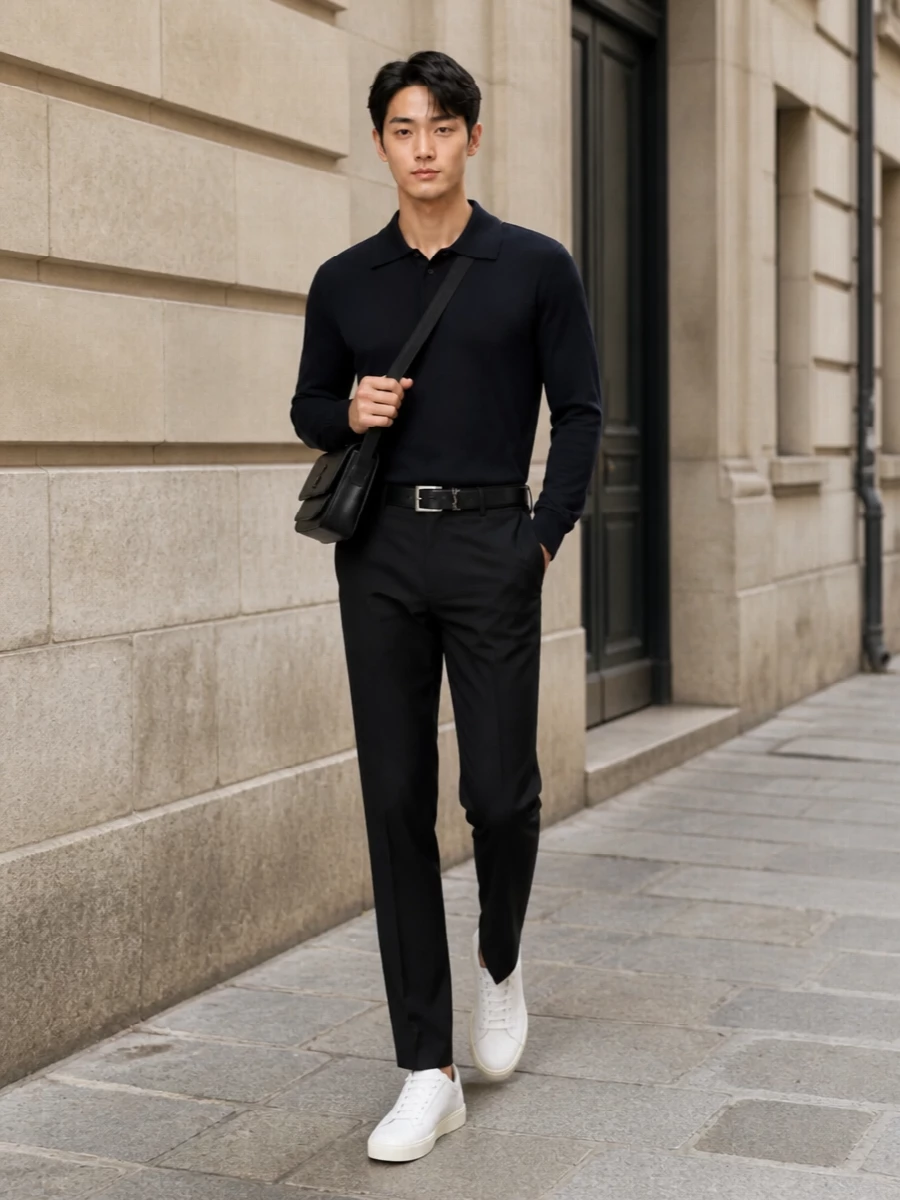 Navy knit polo black tailored trousers outfit