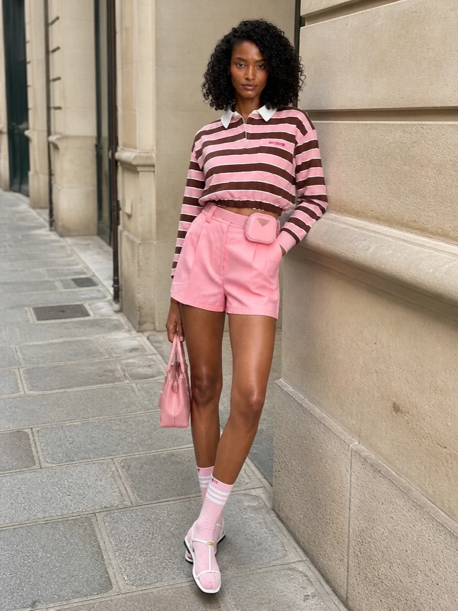 Prada pink shorts rugby top summer outfit