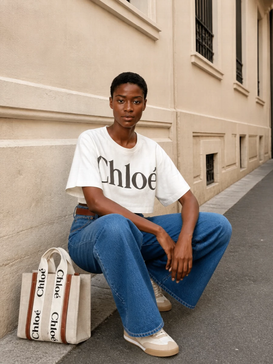 Graphic Chloé branding meets a clean indigo column for a modern, street-leaning take on quiet luxury. High-rise wide-leg denim grounds the cropped tee, while tonal sneakers keep the palette soft and intentional. A structured canvas tote and tan belt finish it with just enough polish for city days that move from coffee to gallery to dinner.